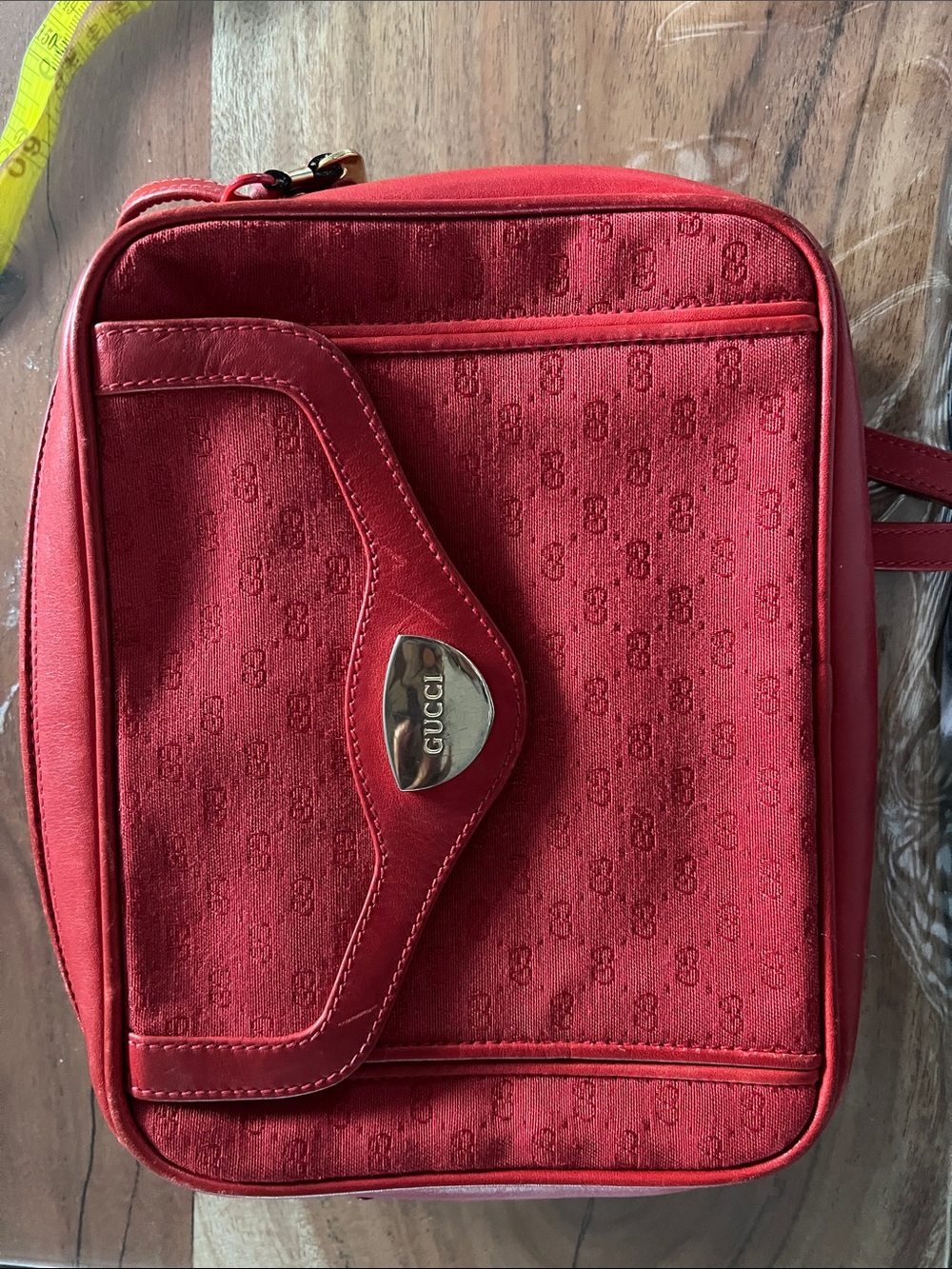 Gucci Red GG Monogram Slim Crossbody Bag with Logo Plate